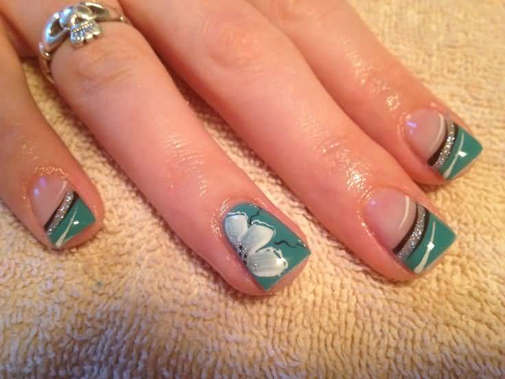 Cool Green Nails With Flowers Accent Nail Art