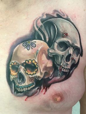 Cool Sugar Skull Tattoos On Chest by David Glover
