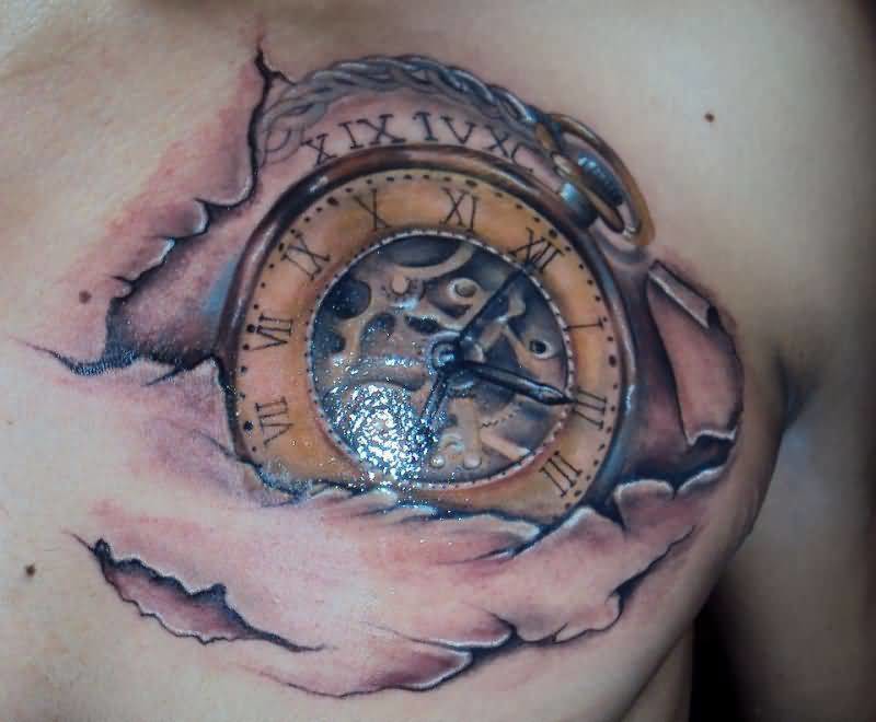 Cracked Skin Clock Tattoo On Man Chest