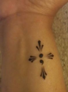Cross Semicolon Tattoo On Right Wrist