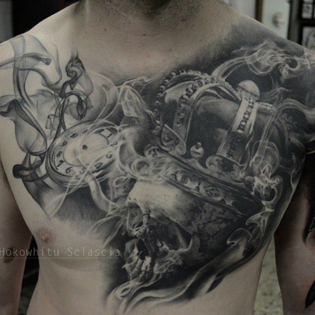 Crown Skull And Clock Tattoo On Man Chest