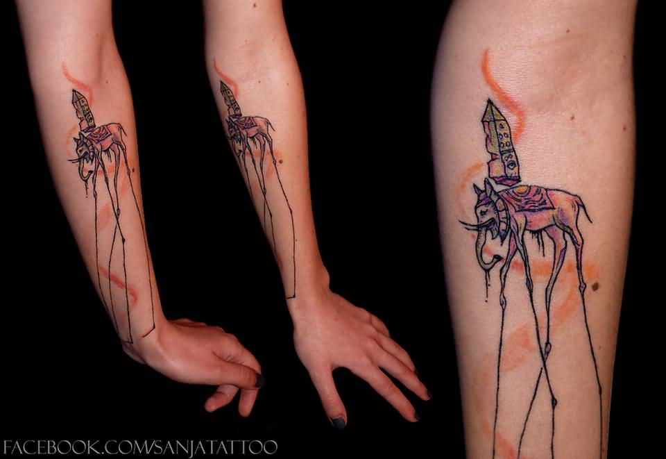 Dali Elephant Tattoo On Forearm by Mysterarium