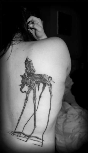 Dali Elephant Tattoo On Girl Back Body