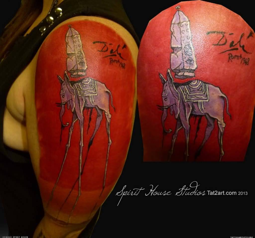 Dali Elephant Tattoo On Left Half Sleeve by Spirit House Studios