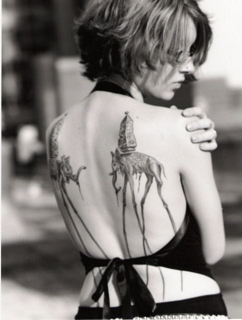 Dali Elephant Tattoos On Girl Back Shoulders
