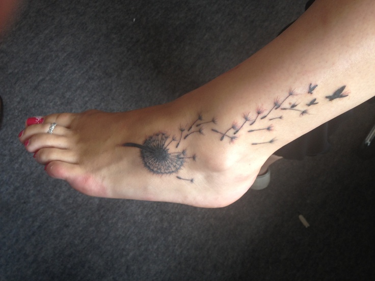 Dandelion Blowing From Puff In Black Ink Tattoo On Foot To Leg