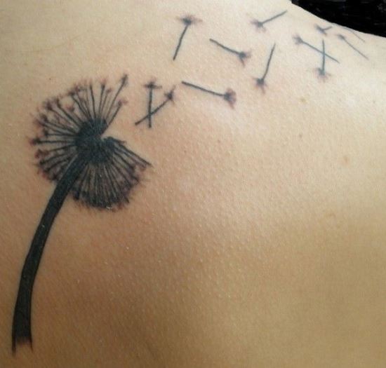 Dandelion Blowing From Puff In Black Ink Tattoo On Right Upper Back