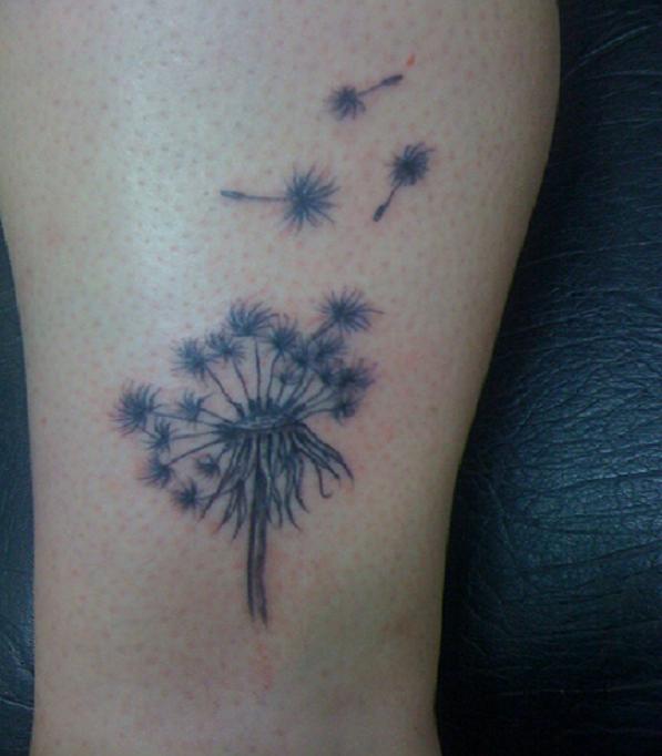 Dandelion Blowing From Puff In Black Ink Tattoo On Wrist