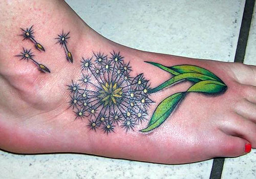 Dandelion Blowing From Puff In Colorful Tattoo On Foot