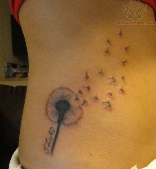 Dandelion Blowing From Puff In Dark Grey Ink Tattoo On Right Hip