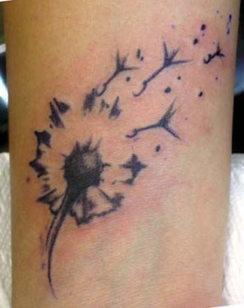Dandelion Blowing From Puff In Deep Black Ink Tattoo On Wrist