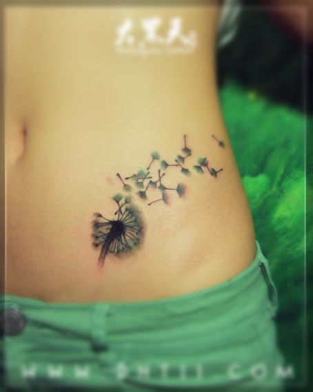 Dandelion Blowing From Puff In Green And Grey ink Tattoo On Left Hip