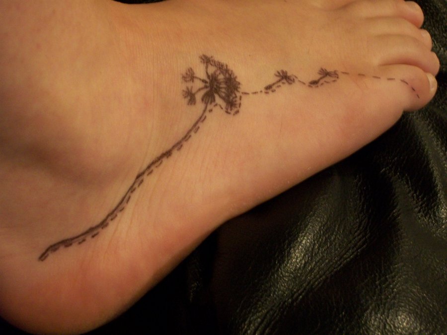 Dandelion Blowing From Puff In Lining Shape Tattoo On Foot