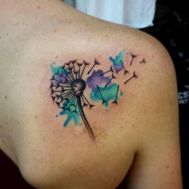 Dandelion Blowing From Puff In Watercolor Tattoo On Right Shoulder