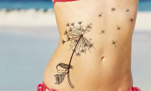 Dandelion Blowing From Puff With Girl In Beautiful Shape Tattoo On Right Hip