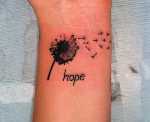 Dandelion Blowing From Puff With Letter Hope Tattoo On Wrist