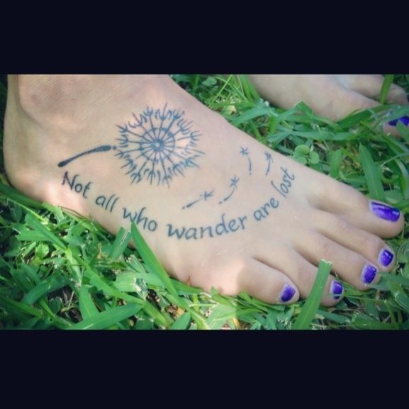 Dandelion Blowing From Puff With Quote In Green Ink Tattoo On Foot