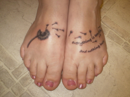 Dandelion Blowing From Puff With Quote Tattoo On Both Foots