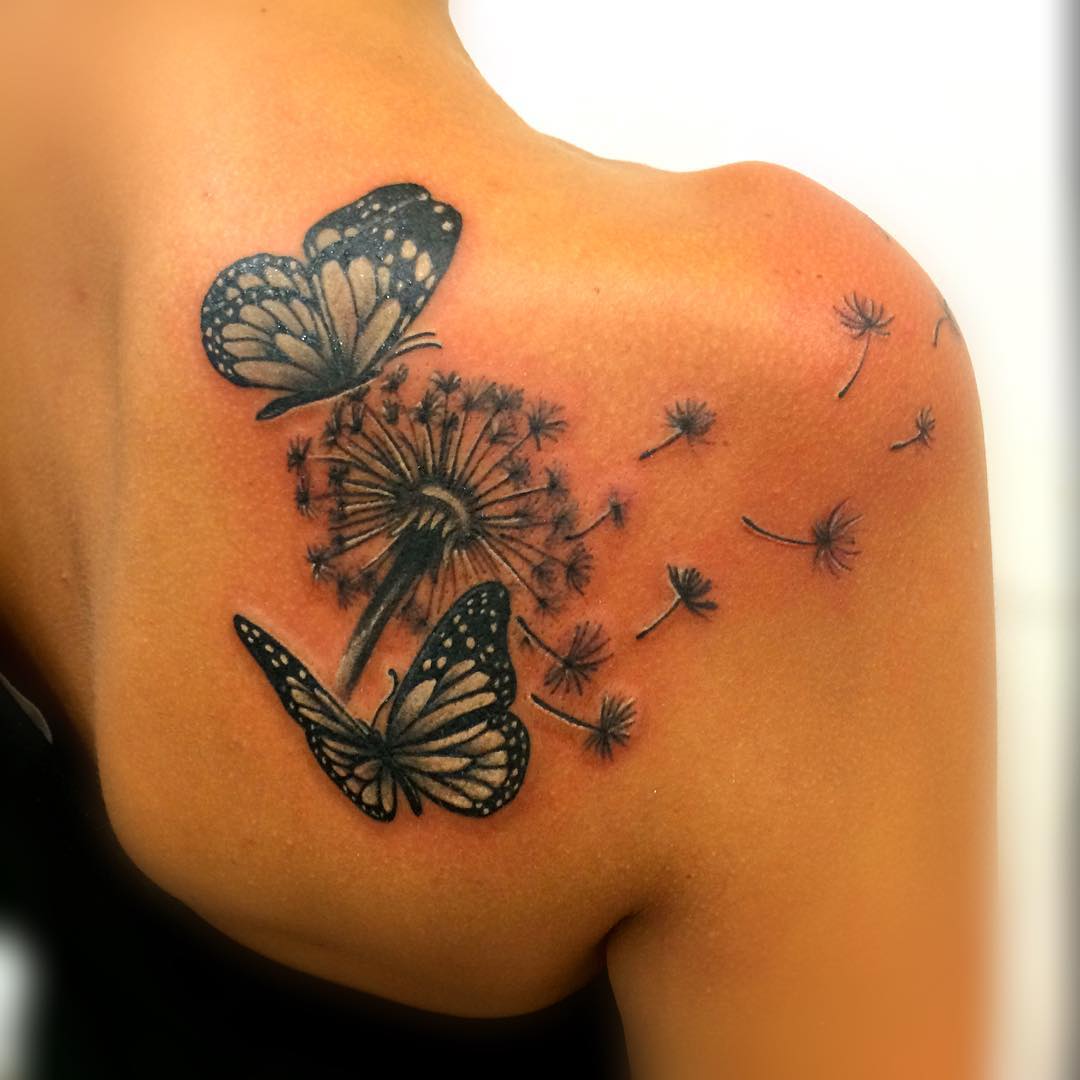 Dandelion Blowing From Puff With Two Butterflies Tattoo On Right Back Shoulder