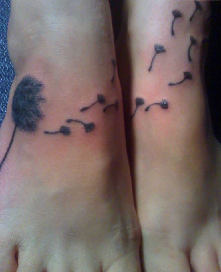 Dandelion Blowing From Puff in Dark Black Ink Tattoo On Both Foots