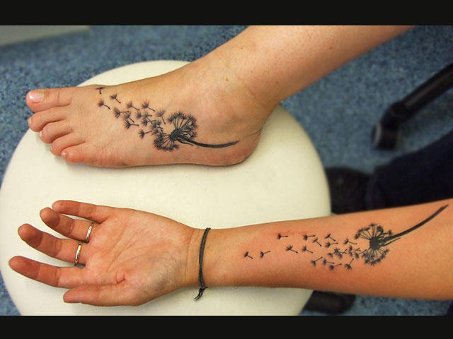 Dandelion Blowing From Puffs In Black Ink Tattoo On Wrist And Foot