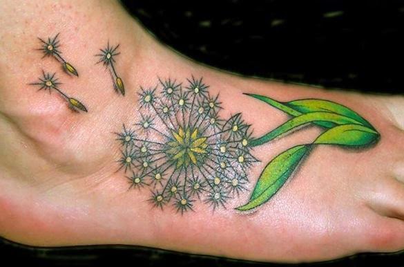 Dandelion blowing From Puff In Colorful Ink Tattoo On Foot