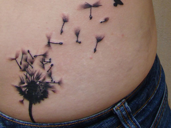 Dandelion blowing From Puff In Dark Grey And Black Ink on Hip