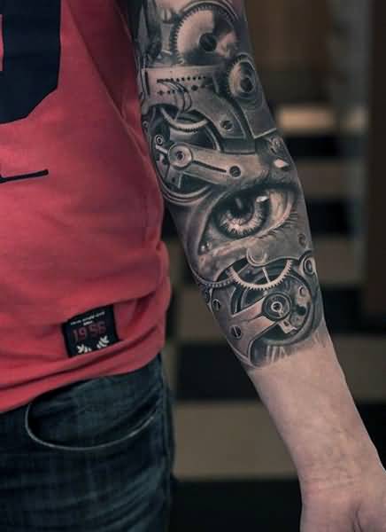 Dark Ink Clock Tattoo On Left Sleeve