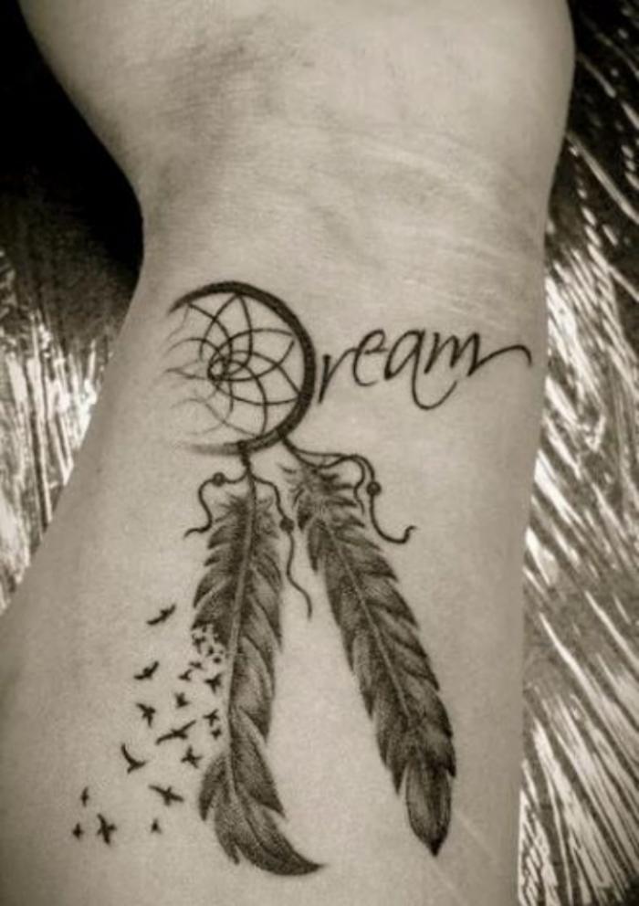 Dream Catcher Tattoo In Black Ink On Wrist
