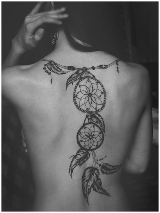 Dreamcatcher Tattoo In Black Ink On Full Back For women