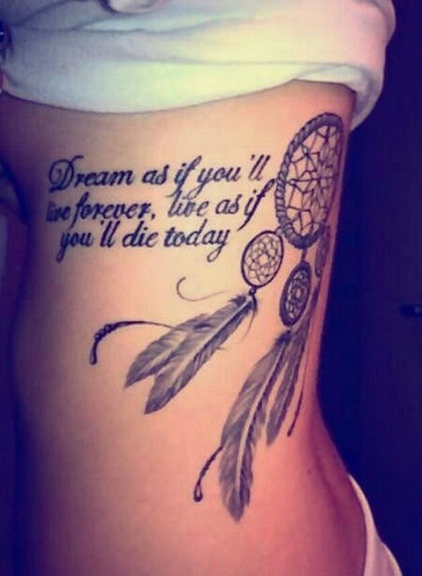 Dreamcatcher Tattoo In Black Ink On Side Rip For Girl