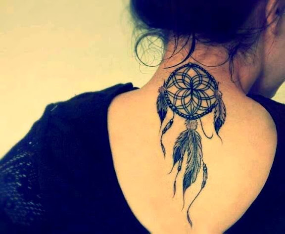Dreamcatcher Tattoo In Black Ink On Upper Back For Girl