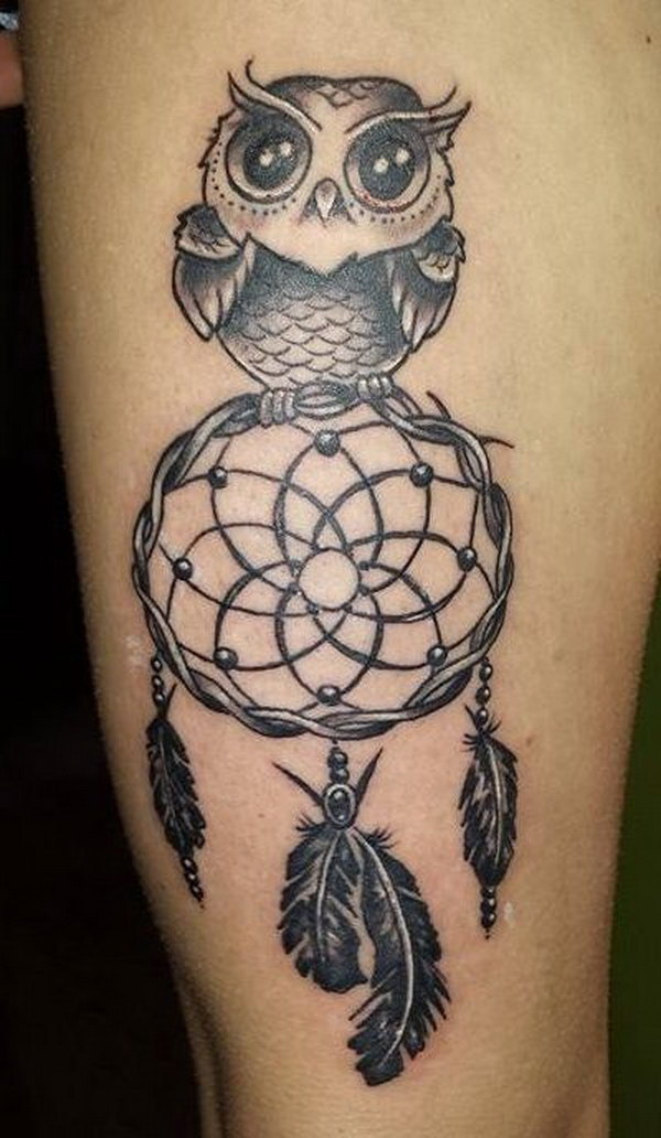 Dreamcatcher Tattoo In Black Ink With Owl On Half Sleeve