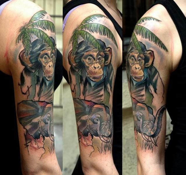 Elephant And Chimpanzee Tattoo On Sleeve by Dark Art Tattoo