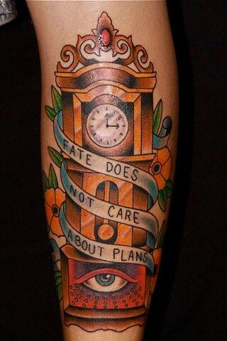 Fate Does Not Care About Plans Banner And Grandfather Clock Tattoo