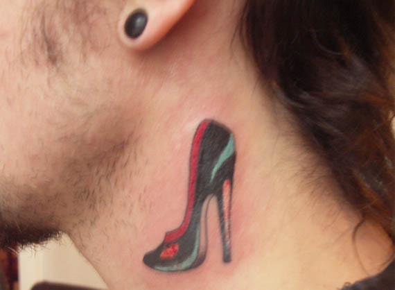 Female Heel Shoes Tattoo On Side Neck