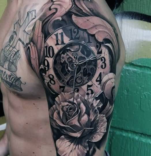 Flowers And Broken Clock Tattoo On Man Left Half Sleeve