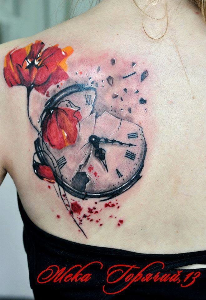 Flowers And Broken Clock Tattoo by Evgeniy Goryachiy