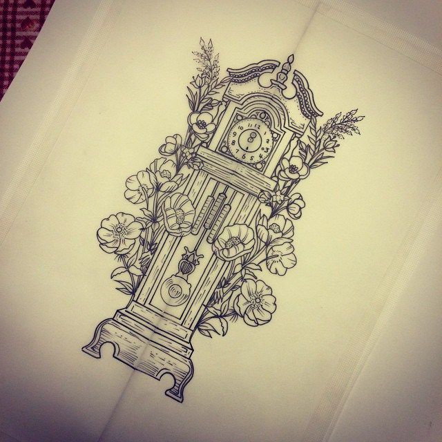Flowers And Clock Tattoo Design Idea
