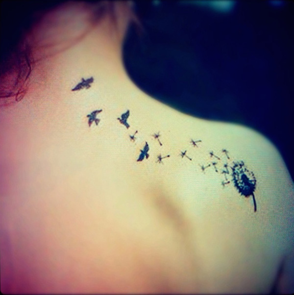 Flying Birds Coming From Dandelion Tattoo On Right Shoulder