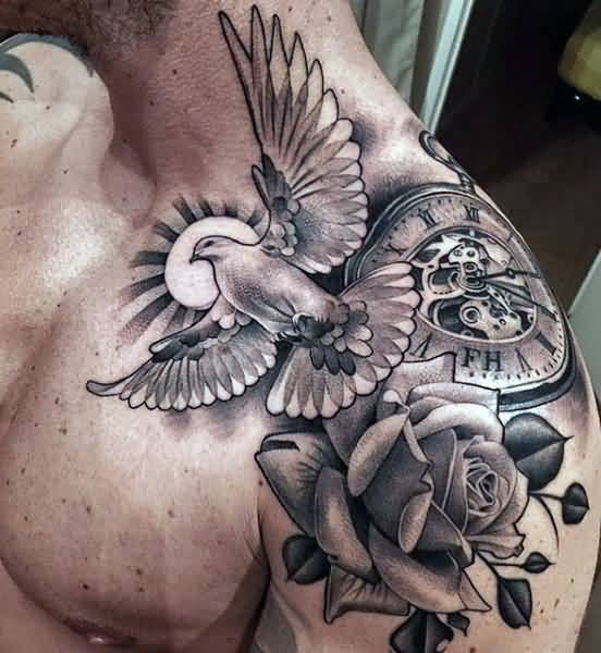 Flying Dove And Clock Tattoo On Upper Shoulder