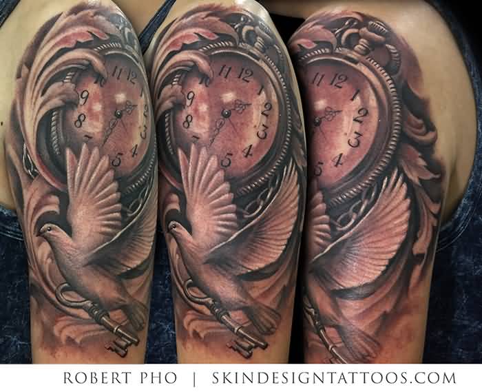 Flying Dove and Clock Tattoo On Left Half Sleeve