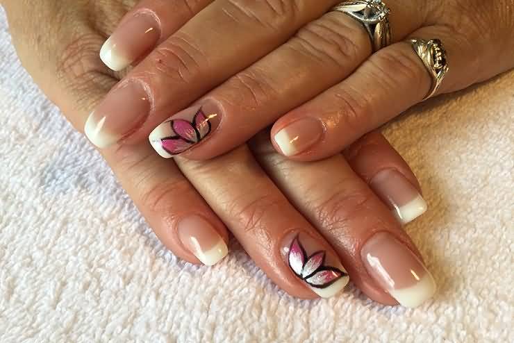French Tip Nails And Pink Flowers Accent Nail Art