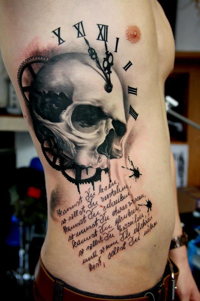 Gears Clock And Skull Tattoo On Side Rib