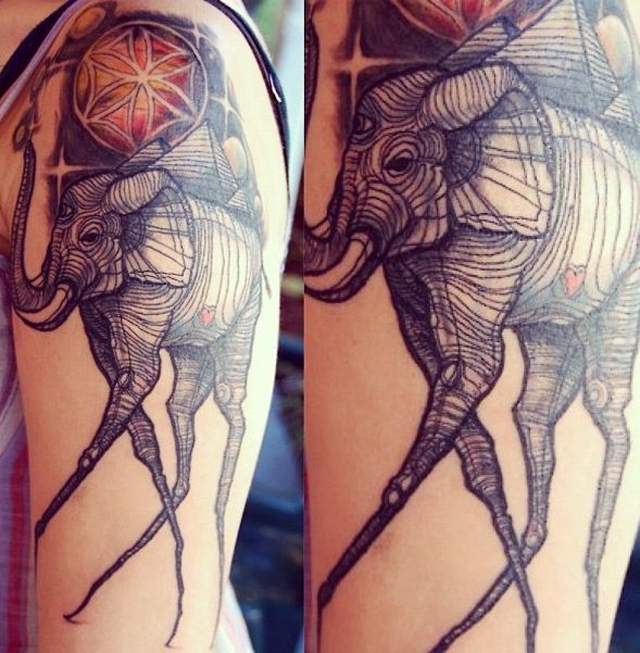 Geometric Dali Elephant Tattoo On Left Half Sleeve