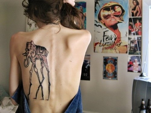 Girl Back Shoulder Dali Elephant Tattoo