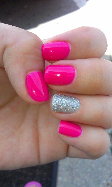 Glossy Pink Nails With Silver Glitter Accent Nail Art