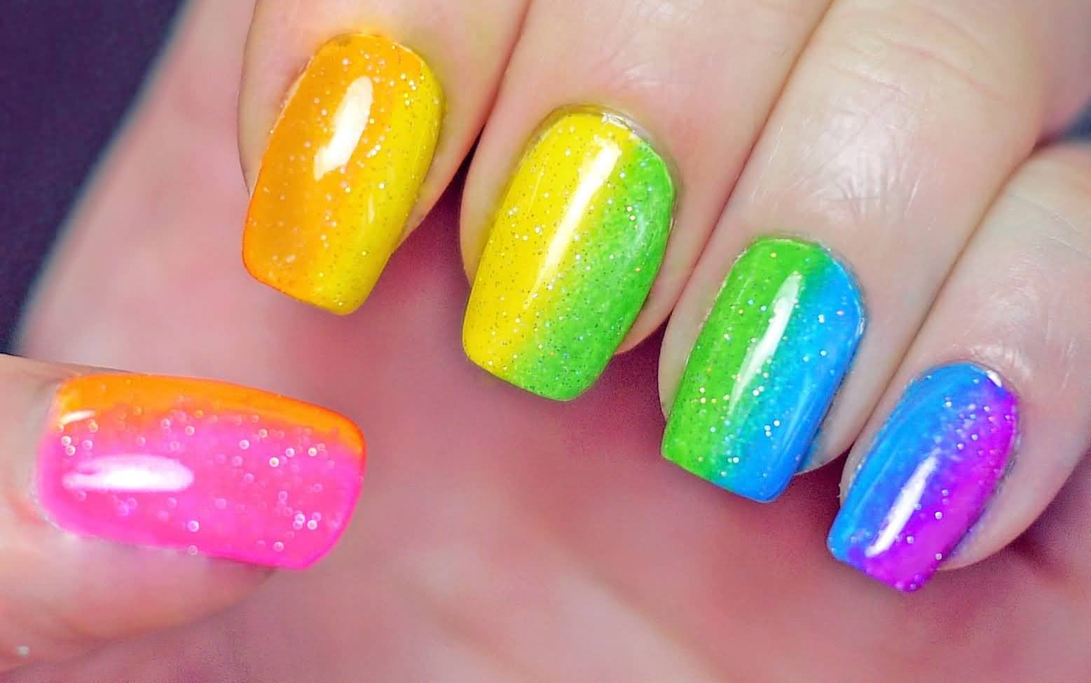 Glossy Rainbow Ombre Nail Art Design