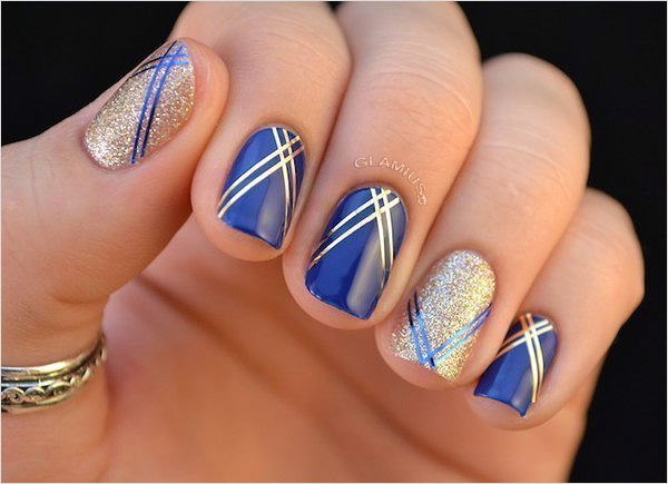 Gold Glitter Accent Nail Art With Blue Stripes