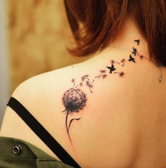 Gorgeous Black Birds Blowing From Dandelions Tattoo On Back Shoulder To Nape